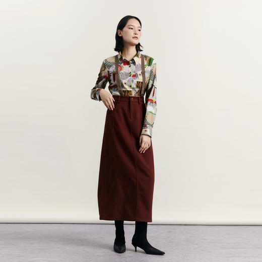 谜底背带半身裙女2023冬季新品复古加厚高腰百搭直筒裙234MB1521 商品图0