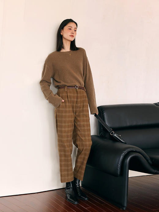 HeyDress复古毛呢阔腿裤女秋冬法式格纹设计直筒裤英伦风九分裤子 商品图1