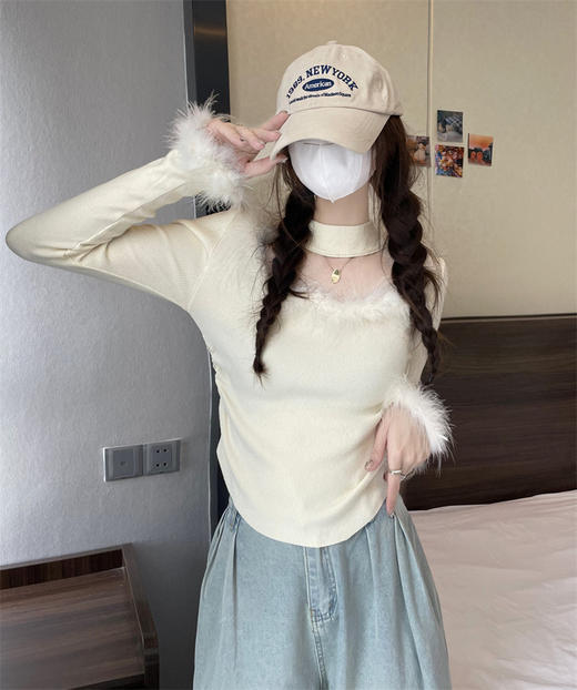<曾小咸推荐>水貂毛拼接挂脖法式小衫 商品图3