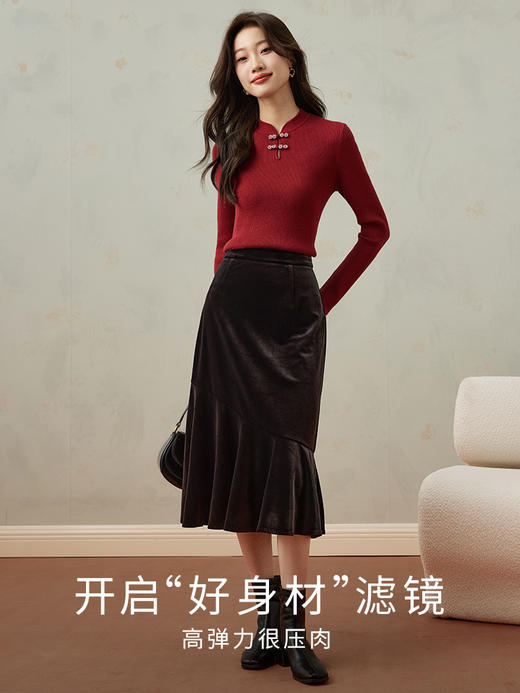 【年终特卖】熙世界新中式国风盘扣红色毛衣女秋冬新款修身显瘦内搭针织打底衫 商品图2