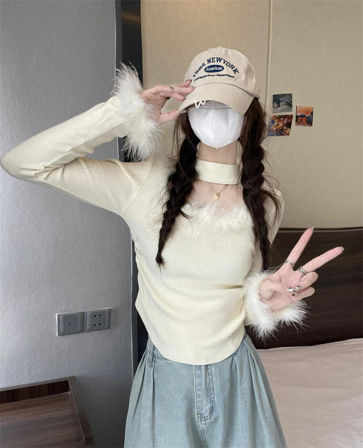 <曾小咸推荐>水貂毛拼接挂脖法式小衫 商品图2