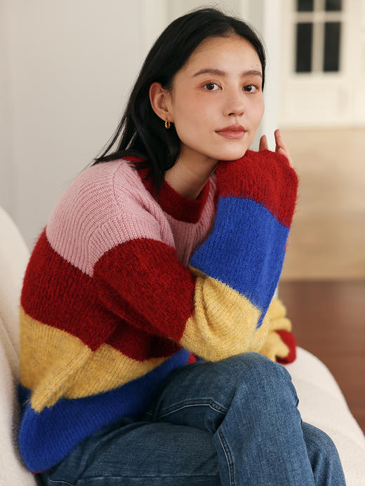 HeyDress彩色条纹毛衣女秋冬宽松撞色设计感针织衫别致多巴胺上衣 商品图4