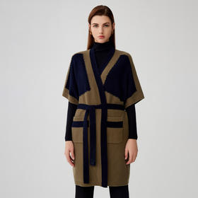 【拼接撞色中长款羊绒开衫外套】羊绒世家秋冬新品女士100%山羊绒V领撞色系带保暖外套