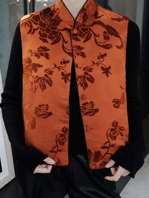 下架|盛唐牡丹 |柿子红真丝漳绒对襟马甲 商品图7