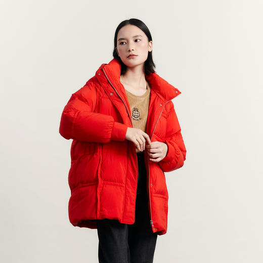 谜底大红色羽绒服女2023冬款简约宽松连帽O型面包服保暖234MY1456 商品图1