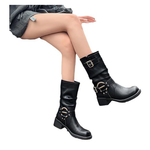 【时尚潮流！高筒马丁靴】真软皮欧美西部酷炫皮带扣堆堆靴中筒长靴女骑士靴子女 商品图5