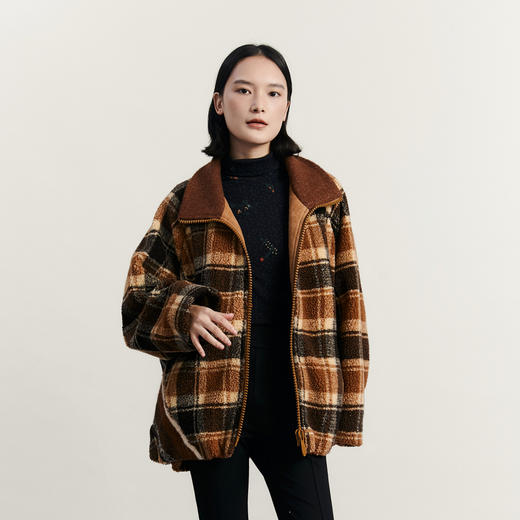 谜底羊羔毛外套女2023冬新品复古立领宽松呢子中长大衣234MD1556 商品图0