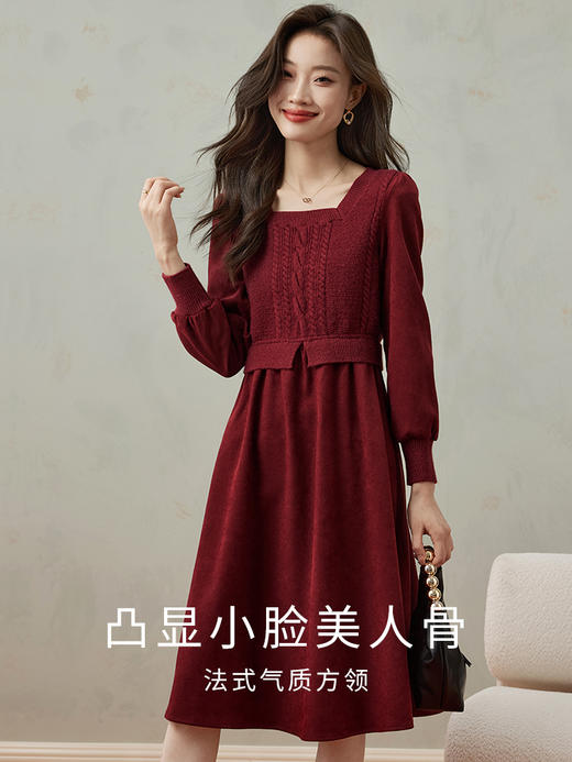【五折购】熙世界方领针织拼接假两件红色连衣裙女收腰显瘦长裙子2025秋冬款 商品图3