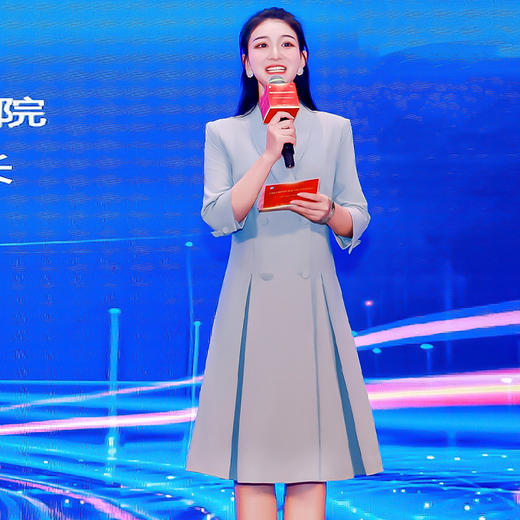 IWY/蓝色演讲比赛服装女七分袖端庄大气艺考主持人正装西装连衣裙Q963-L 商品图1