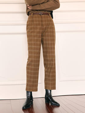 HeyDress复古毛呢阔腿裤女秋冬法式格纹设计直筒裤英伦风九分裤子