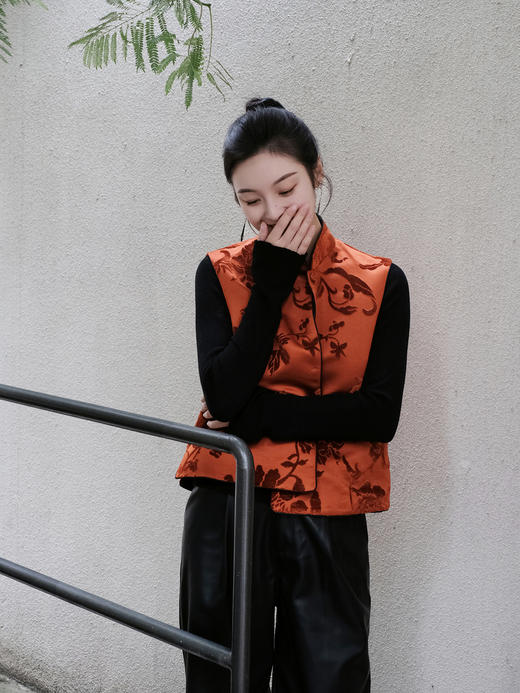 下架|盛唐牡丹 |柿子红真丝漳绒对襟马甲 商品图4