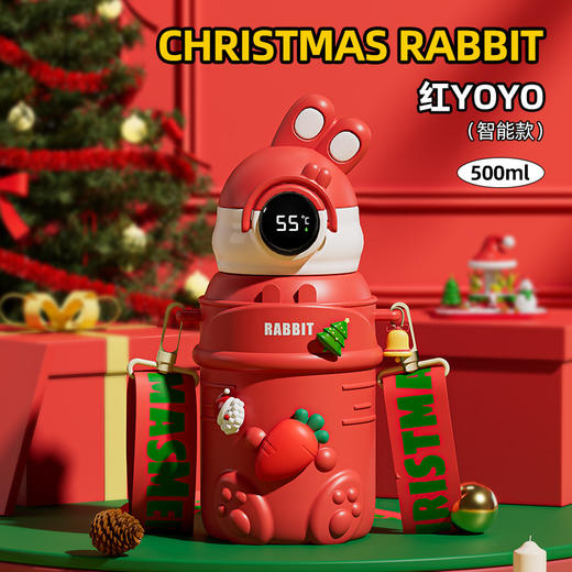 年终大促！【智能显温！冷暖立即知晓】圣诞yoyo兔智能儿童保温杯，可爱女学生吸管杯316弹跳盖防摔水杯，防误触锁扣 萌趣外观  食品级硅胶吸管 商品图6