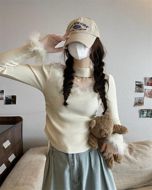 <曾小咸推荐>水貂毛拼接挂脖法式小衫 商品图1