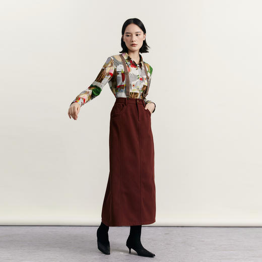 谜底背带半身裙女2023冬季新品复古加厚高腰百搭直筒裙234MB1521 商品图1