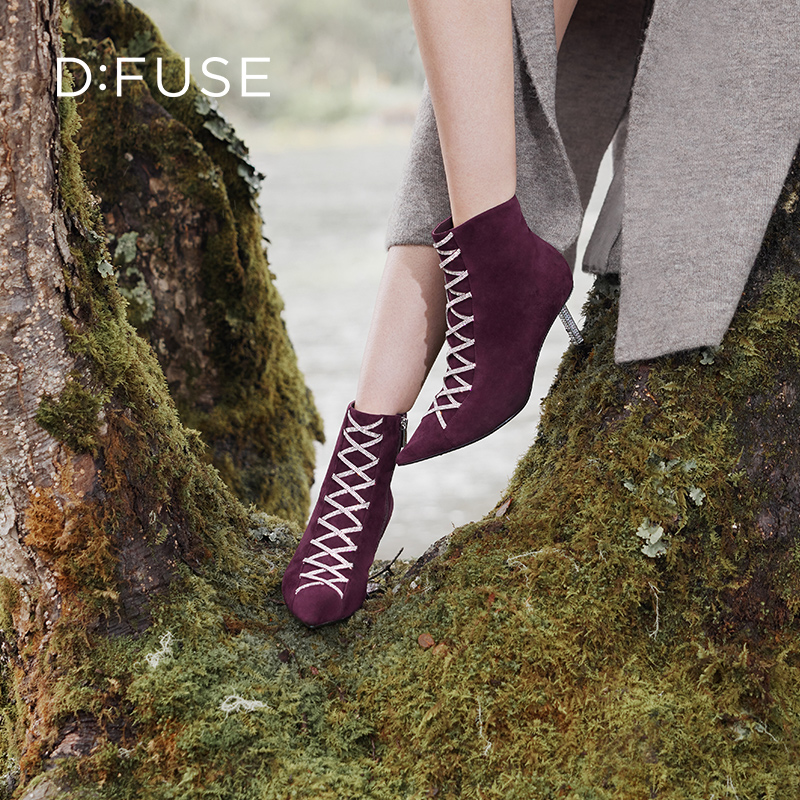 Dfuse迪芙斯冬季款复古羊反绒假绑带踝靴钻高跟短靴DF34116054