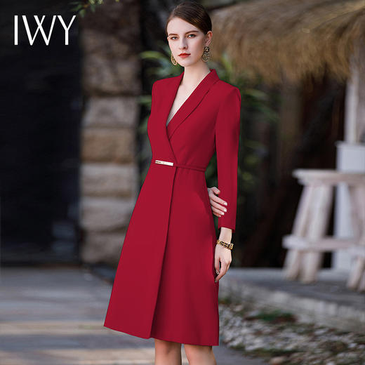 IWY/气质年会主持人红色连衣裙女秋冬长袖宴会礼服时尚绑Q982-R 商品图1