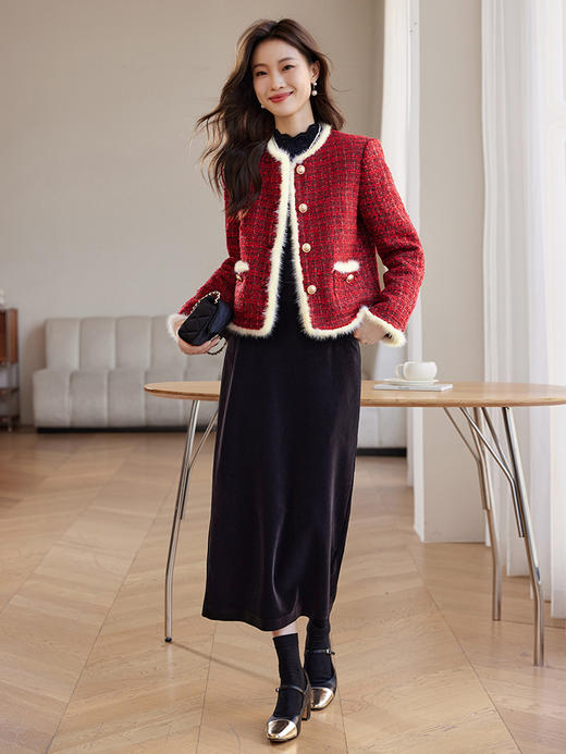 【年终特卖】熙世界小香风羽绒服女冬2025新款高级感短款粗花呢红色外套白鸭绒 商品图4