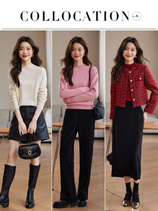 【年货节】熙世界红色100%纯羊毛衫女秋冬款半高领毛衣宽松羊绒针织打底衫 商品图2