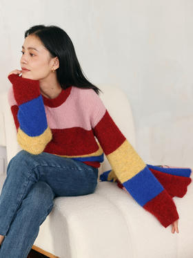 HeyDress彩色条纹毛衣女秋冬宽松撞色设计感针织衫别致多巴胺上衣