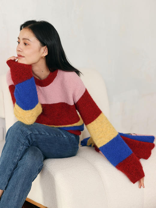 HeyDress彩色条纹毛衣女秋冬宽松撞色设计感针织衫别致多巴胺上衣 商品图0