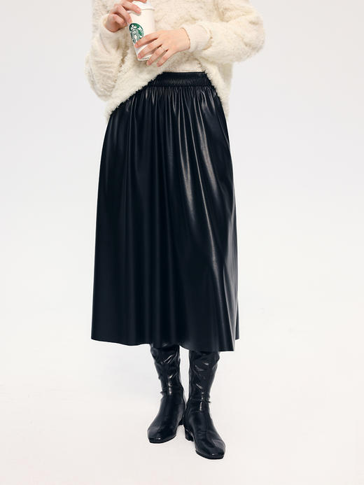 HeyDress法式皮半身裙女秋冬高腰伞摆皮裙仿蛋白皮垂感气质a字裙 商品图0