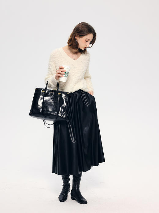 HeyDress法式皮半身裙女秋冬高腰伞摆皮裙仿蛋白皮垂感气质a字裙 商品图1