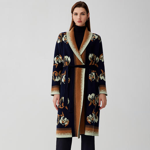 【系带中长款提花针织外套】羊绒世家秋冬新品女士100%山羊绒高织保暖针织外套 商品图0