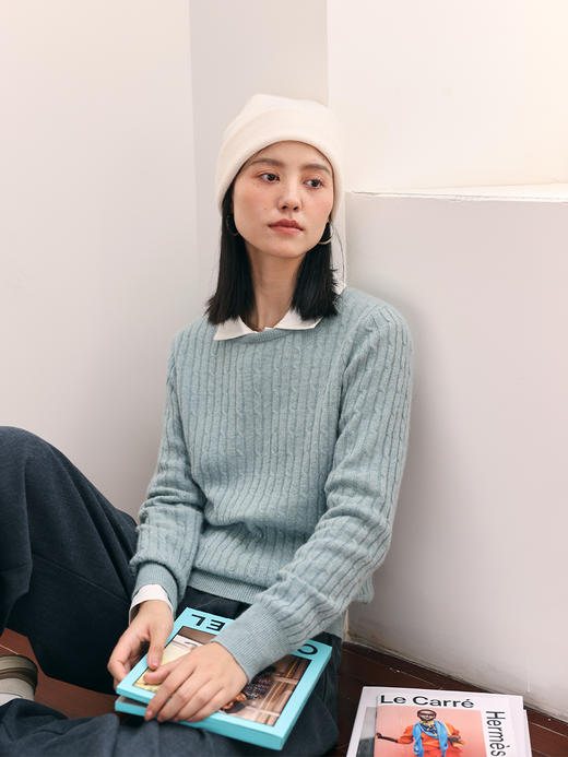 HeyDress绵羊毛绞花毛衣女秋冬圆领宽松针织衫桑蚕丝保暖上衣 商品图0