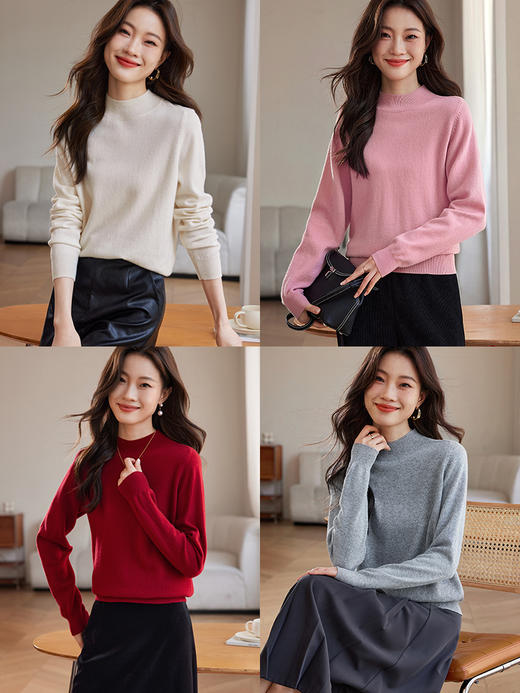 【年货节】熙世界红色100%纯羊毛衫女秋冬款半高领毛衣宽松羊绒针织打底衫 商品图3