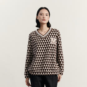 谜底V领套头卫衣女2023冬季新品复古学院风宽松绣花上衣234MV1546