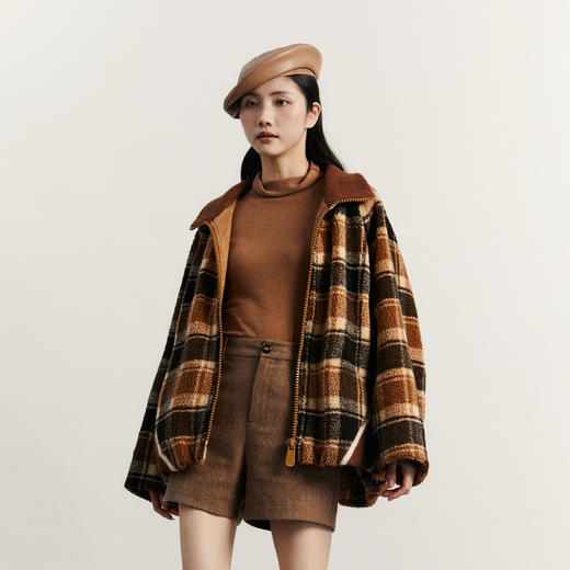 谜底羊羔毛外套女2023冬新品复古立领宽松呢子中长大衣234MD1556 商品图1