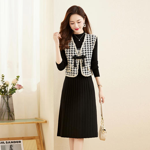 秋冬新款，新中式洋气小香风千鸟格马甲两件套连衣裙HR-YBER338 商品图4