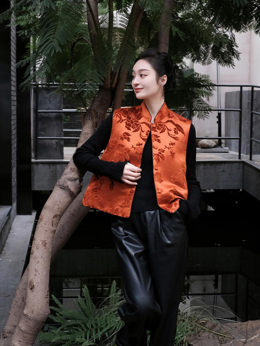 下架|盛唐牡丹 |柿子红真丝漳绒对襟马甲 商品图3