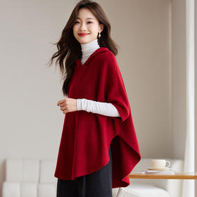 中国风红色斗篷赫本风洋气大衣，女秋冬小个子连帽毛衣外套针织罩衫CC-J368