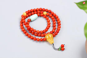 【如意】南红柿子红珠串，珠径6.5mm，搭配蜜蜡、蓝松石、和田碧玉