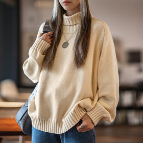 马登女装日系内搭秋冬宽松高领慵懒风收腰毛衣米白针织衫保暖上衣