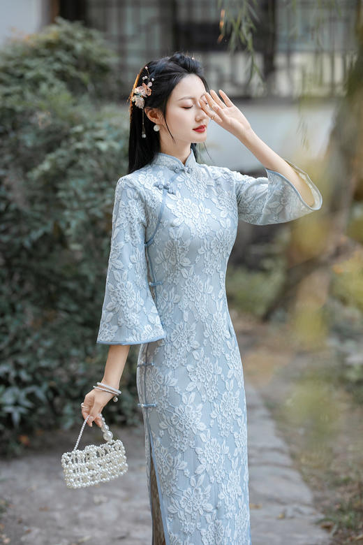 ZAYS-5188冬季羽毛纱改良倒大袖旗袍日常年轻淑女气质旗袍批发 商品图3