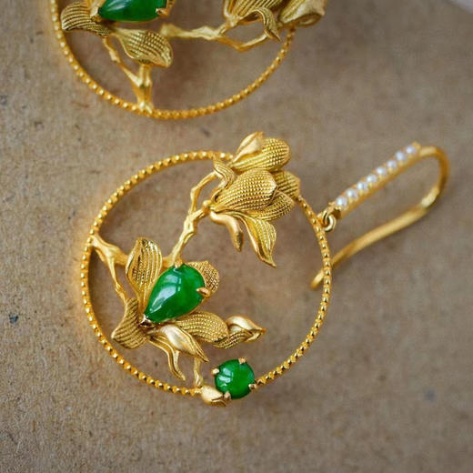 龢盒原创 18k金镶翡翠玉兰花耳环 商品图4