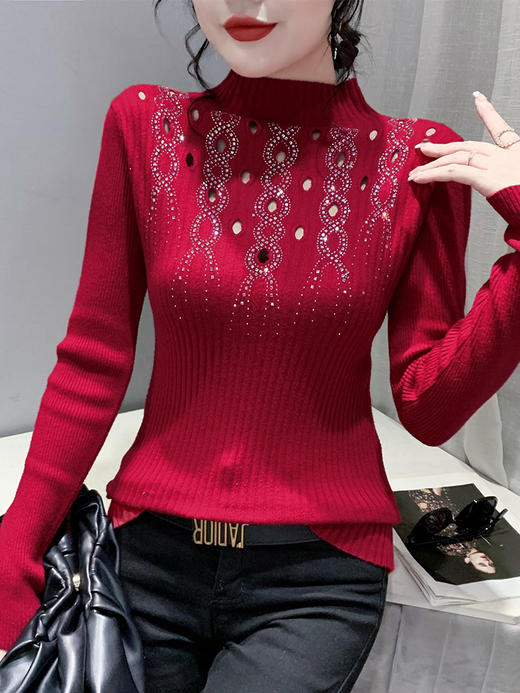 SMZ12244镂空毛衣女内搭冬季欧货重工烫钻上衣半高领紧身针织打底衫女长袖 商品图0