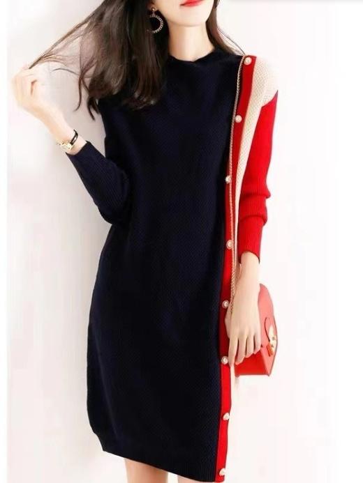 雀说新款气质优雅拼色连衣裙名媛休闲百搭针织打底裙 商品图0