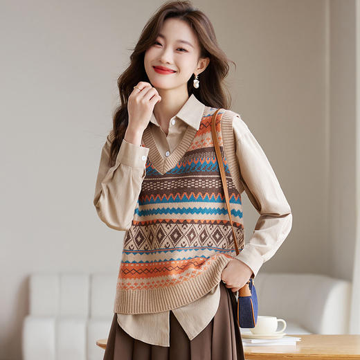 复古V领毛衣马甲背心，女秋冬季叠穿坎肩提花针织上衣马夹短款外穿CC-J369 商品图0
