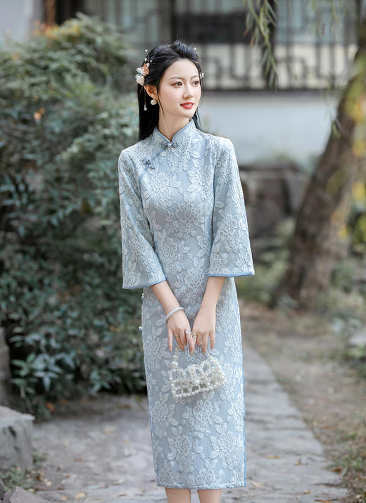 ZAYS-5188冬季羽毛纱改良倒大袖旗袍日常年轻淑女气质旗袍批发 商品图5