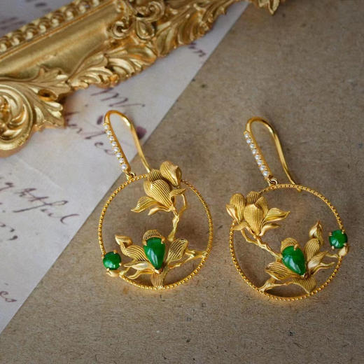 龢盒原创 18k金镶翡翠玉兰花耳环 商品图2