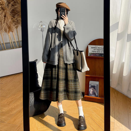 【学院风复古少女裙】复古森系毛呢格子裙 秋冬女高腰学院风半身裙显瘦遮胯A字大摆伞裙 商品图2