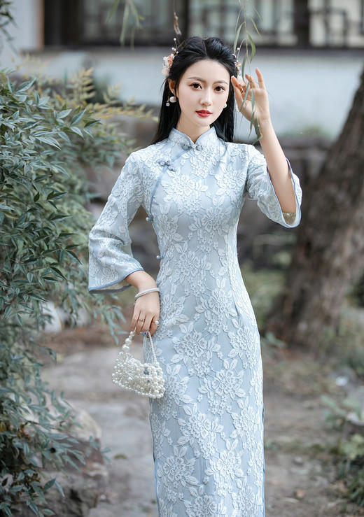 ZAYS-5188冬季羽毛纱改良倒大袖旗袍日常年轻淑女气质旗袍批发 商品图1