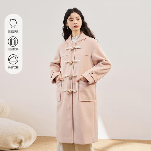 西遇赫本风毛呢外套秋冬新款小众粉色牛角扣大衣连帽外套女D2138677 商品图0