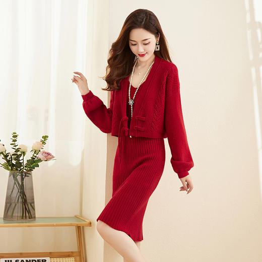 秋冬季新款，洋气时尚花苞袖新中式双盘扣两件套连衣裙HR-YBER333 商品图5