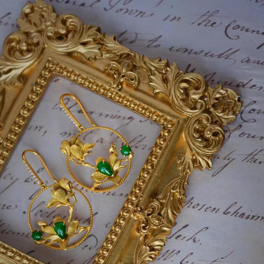 龢盒原创 18k金镶翡翠玉兰花耳环 商品图1