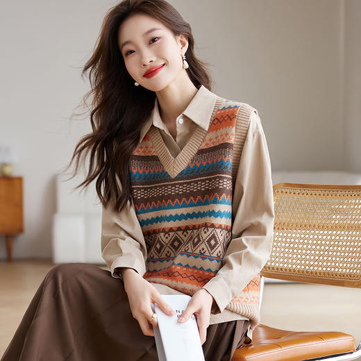 复古V领毛衣马甲背心，女秋冬季叠穿坎肩提花针织上衣马夹短款外穿CC-J369 商品图1
