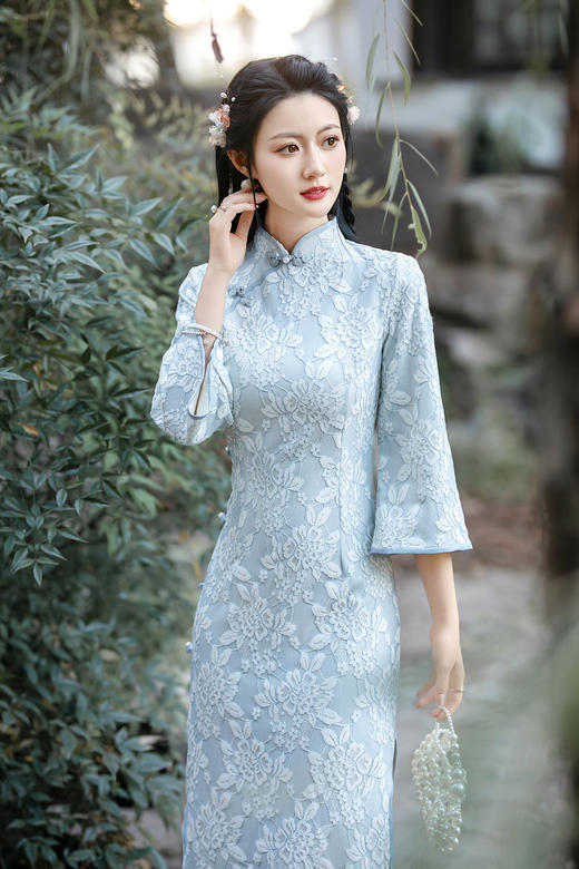 ZAYS-5188冬季羽毛纱改良倒大袖旗袍日常年轻淑女气质旗袍批发 商品图2